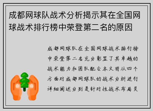 成都网球队战术分析揭示其在全国网球战术排行榜中荣登第二名的原因