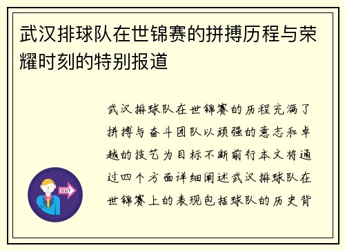 武汉排球队在世锦赛的拼搏历程与荣耀时刻的特别报道